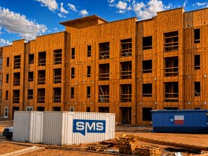 Southwest Mobile Storage ground-level office at a Texas construction site